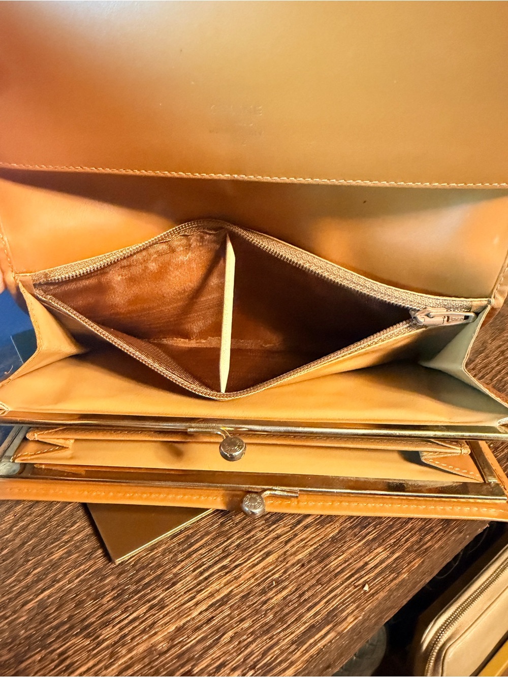 Celine Beige Tan Triomphe Macadam Kiss-lock Wallet with Gold Logo - Picture 7 of 7